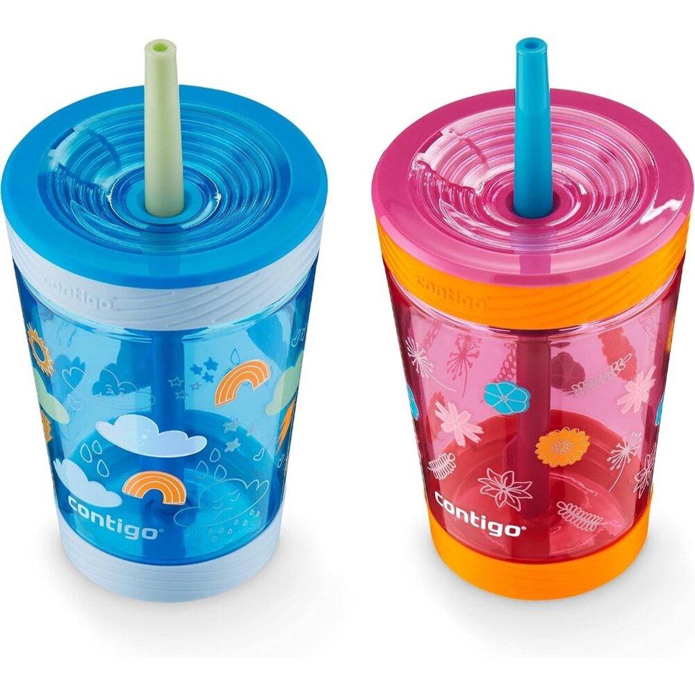 Contigo Kid's 14 Spill-Proof Tumbler Cup with Straw 2-Pack- Wildflowers/Clouds - Picture 2 of 4